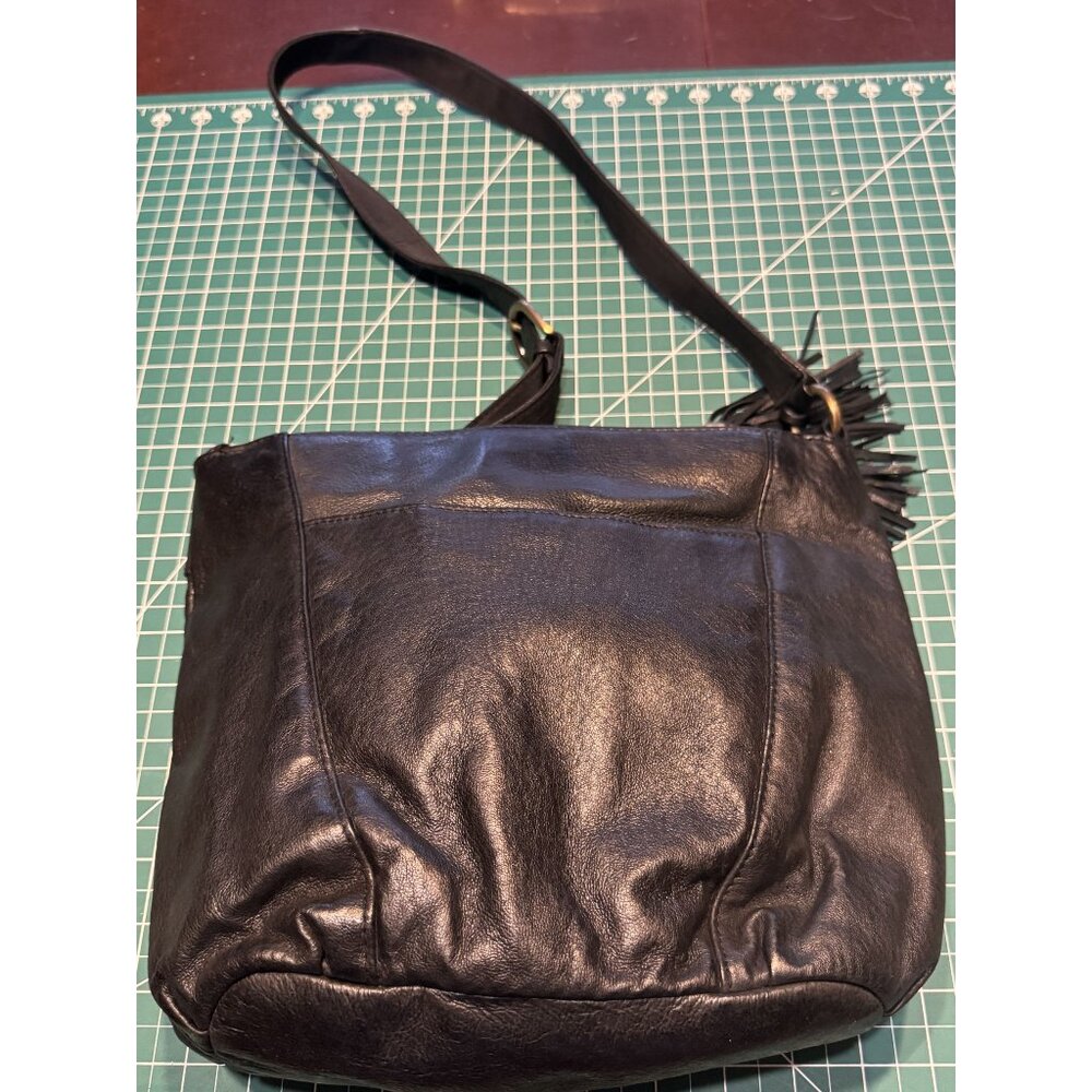 Black Leather Crossbody Bag With Vinyl Trim Multiple Zipper Compartments